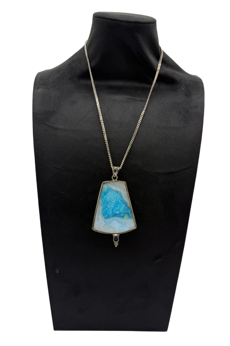 Vintage Large Natural Blue Agate Slice Pendant On 925 Silver Chain
