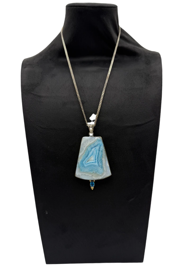 Vintage Large Natural Blue Agate Slice Pendant On 925 Silver Chain